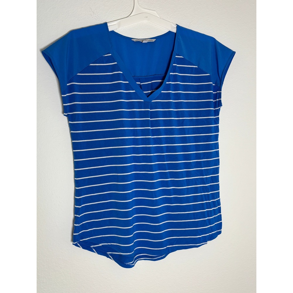 Adrienne Vittadini Womens Blue White Striped V-Neck Mixed Media Top Size‎ M